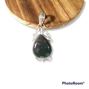 Green Natural Stone Cabochon Pendant Teardrop In Sterling Silver